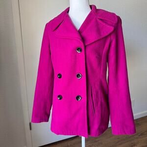 New York & Company Hot Pink Wool Blend Pea Coat Size M